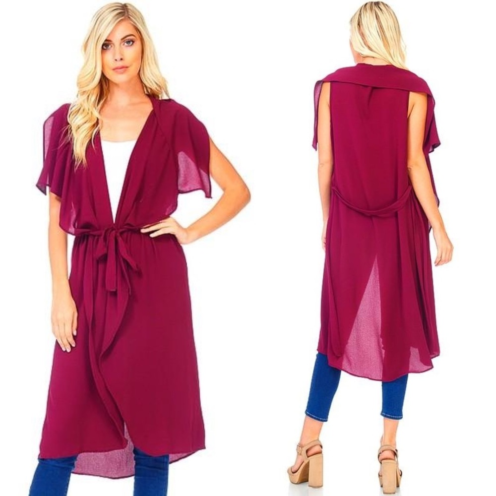 Burgundy Wine Light Weight Flowy Duster with Belt